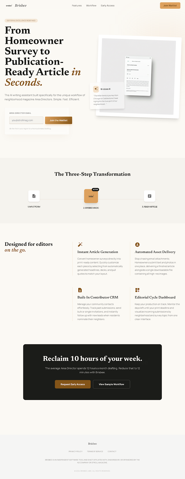 Clean editorial interface showing article generation from an interview transcript